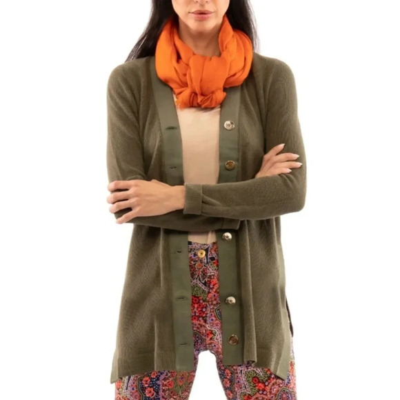 Gretchen Scott Grosgrain Heaven Hi-Lo Cardigan in Olive - Picture 1 of 8